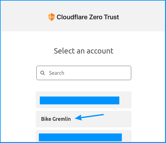 Choosing the Cloudflare account I wish to configure Zero Trust for