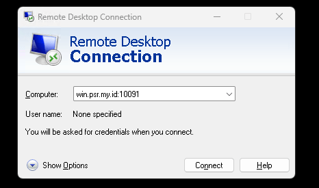 mengisi input connection untuk koneksi dengan rdp