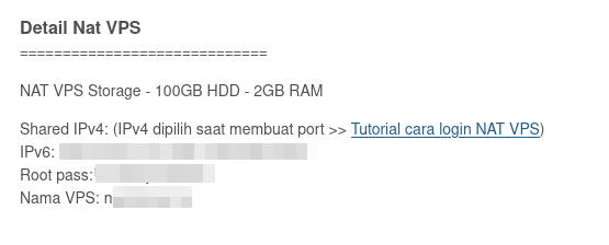 contoh kredensial yang diberikan setelah proses order nat vps selesai 