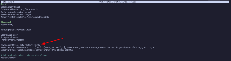 systemd service minio pada debian nat vps menunjukkan default file enviroment